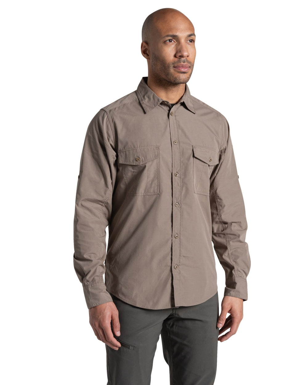 Pebble coloured Craghoppers Mens Kiwi II Long Sleeved Shirt on white background