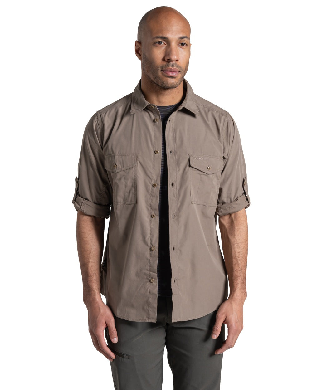 Pebble coloured Craghoppers Mens Kiwi II Long Sleeved Shirt on white background