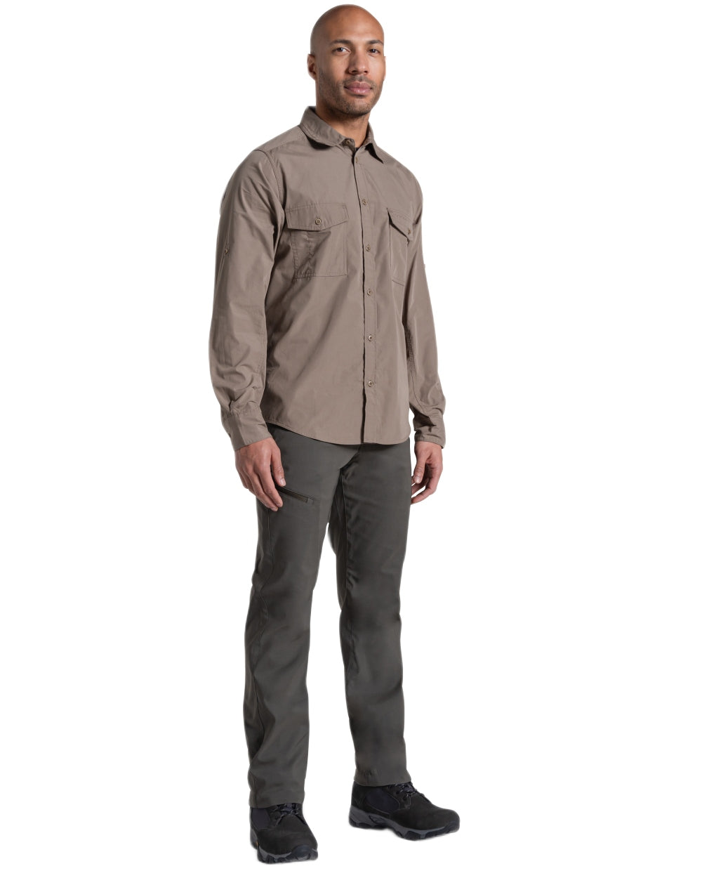 Pebble coloured Craghoppers Mens Kiwi II Long Sleeved Shirt on white background