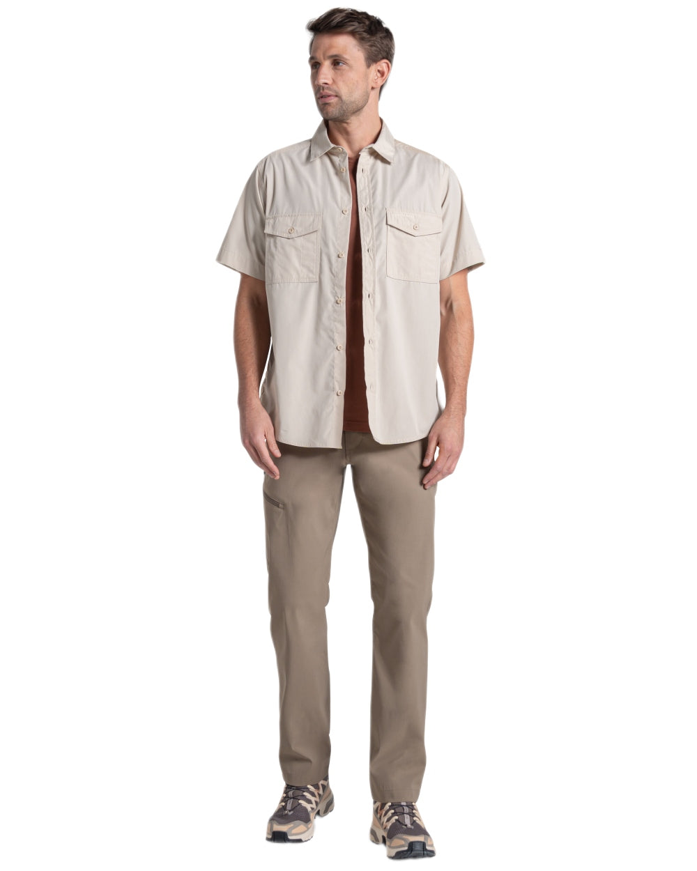 Oatmeal coloured Craghoppers Mens Kiwi II Short Sleeved Shirt on white background