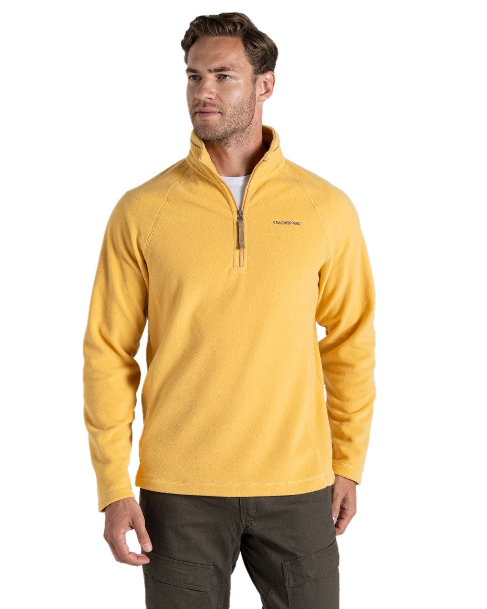 Indian Yellow coloured Craghoppers Mens National Trust Corey II Half Zip Fleece on white background
