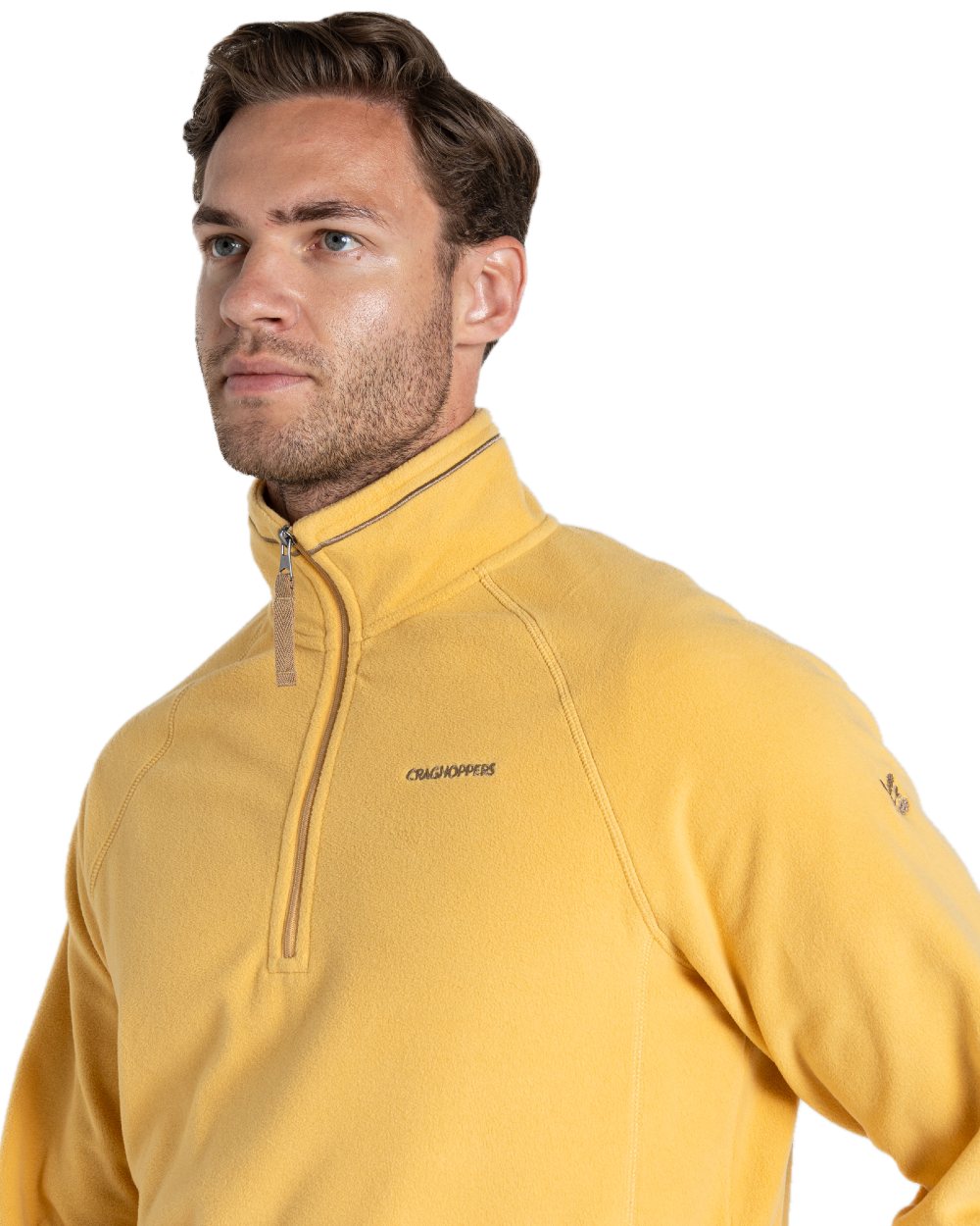 Indian Yellow coloured Craghoppers Mens National Trust Corey II Half Zip Fleece on white background
