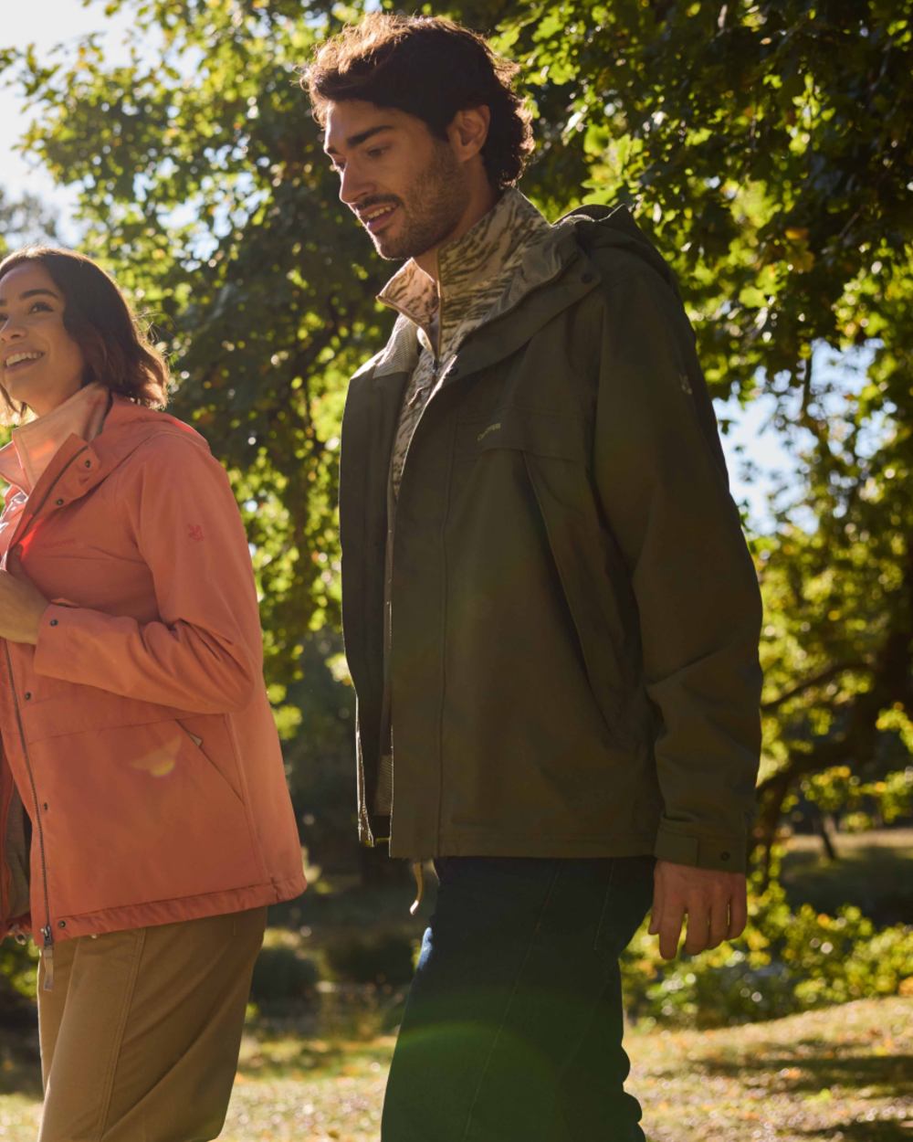 Dark Sage coloured Craghoppers Mens National Trust Keskadale Waterproof Jacket on forest background