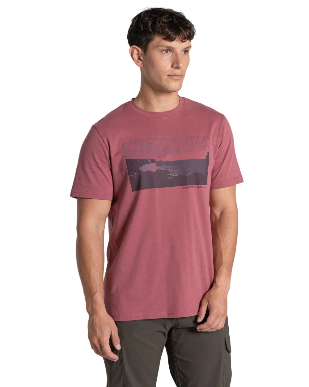 Atlas Red coloured Craghoppers Mens National Trust Sabden Short Sleeved T-Shirt on white background