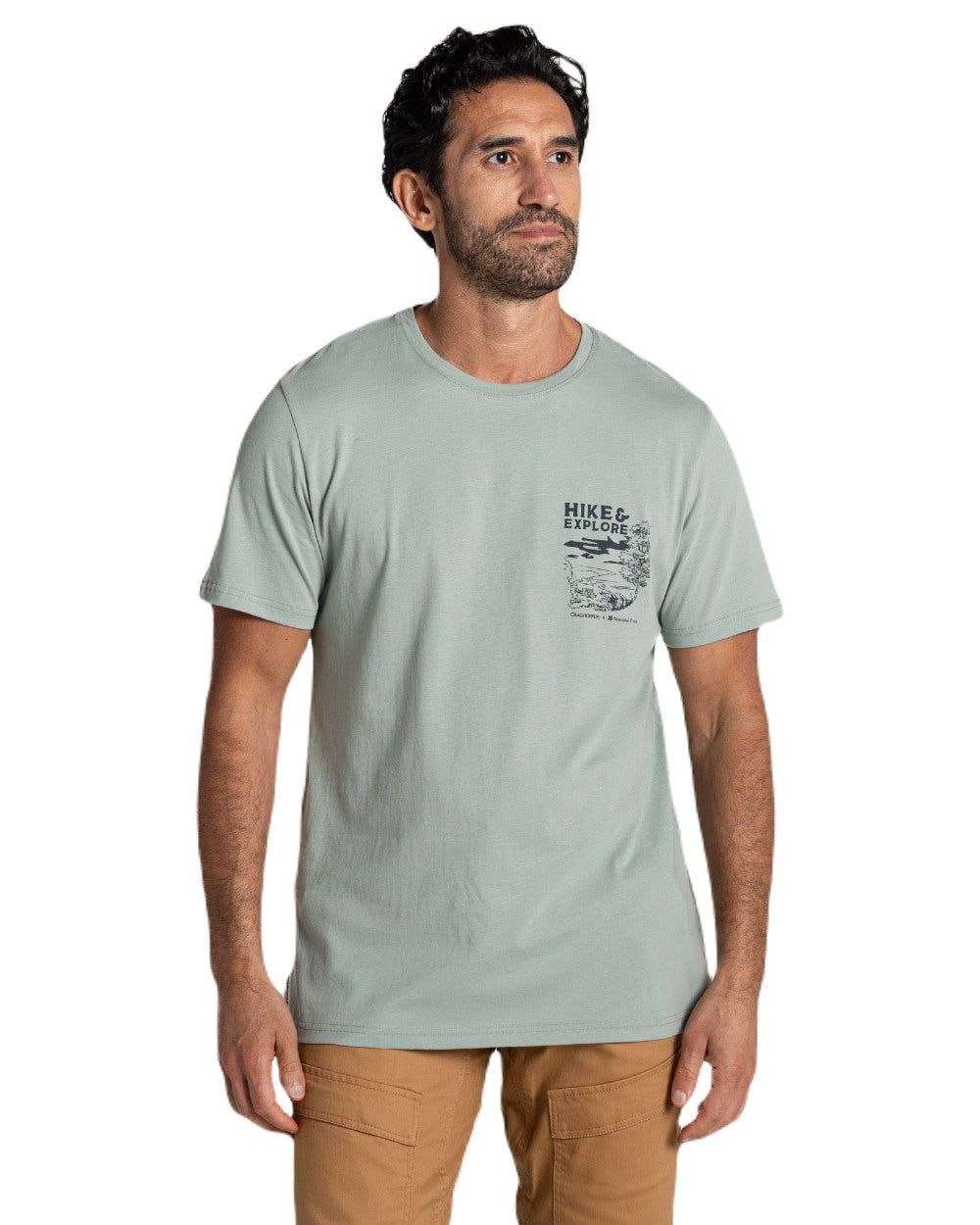 Soft Sage coloured Craghoppers Mens National Trust Sabden Short Sleeved T-Shirt on white background
