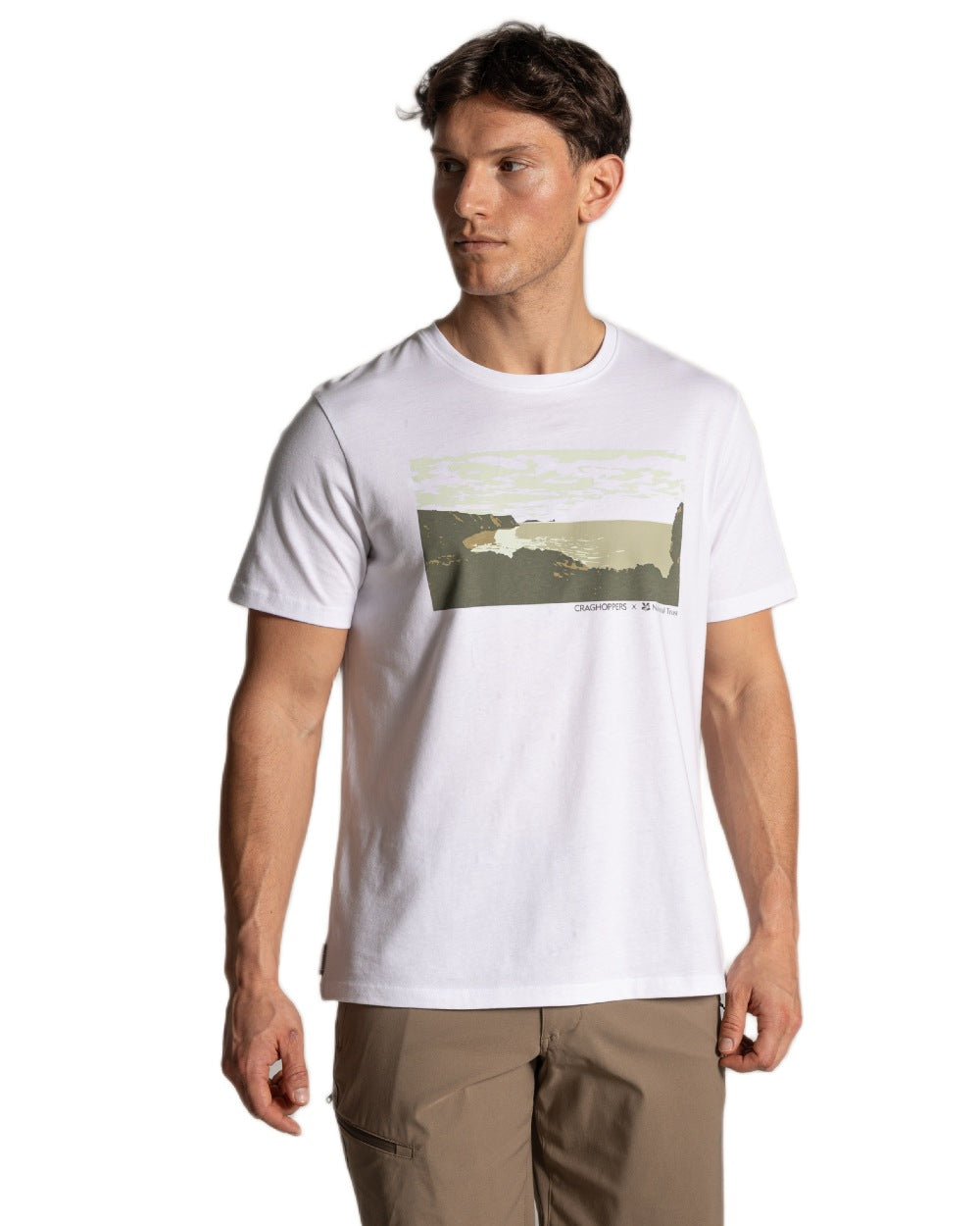 White coloured Craghoppers Mens National Trust Sabden Short Sleeved T-Shirt on white background