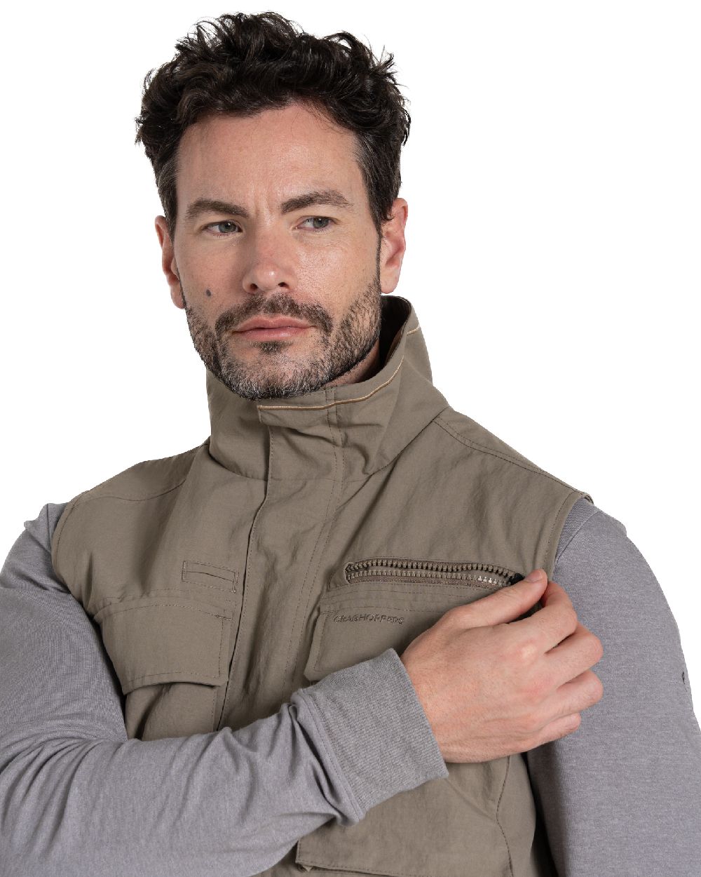 Pebble coloured Craghoppers Mens NosiLife Adventure Gilet IV on white background