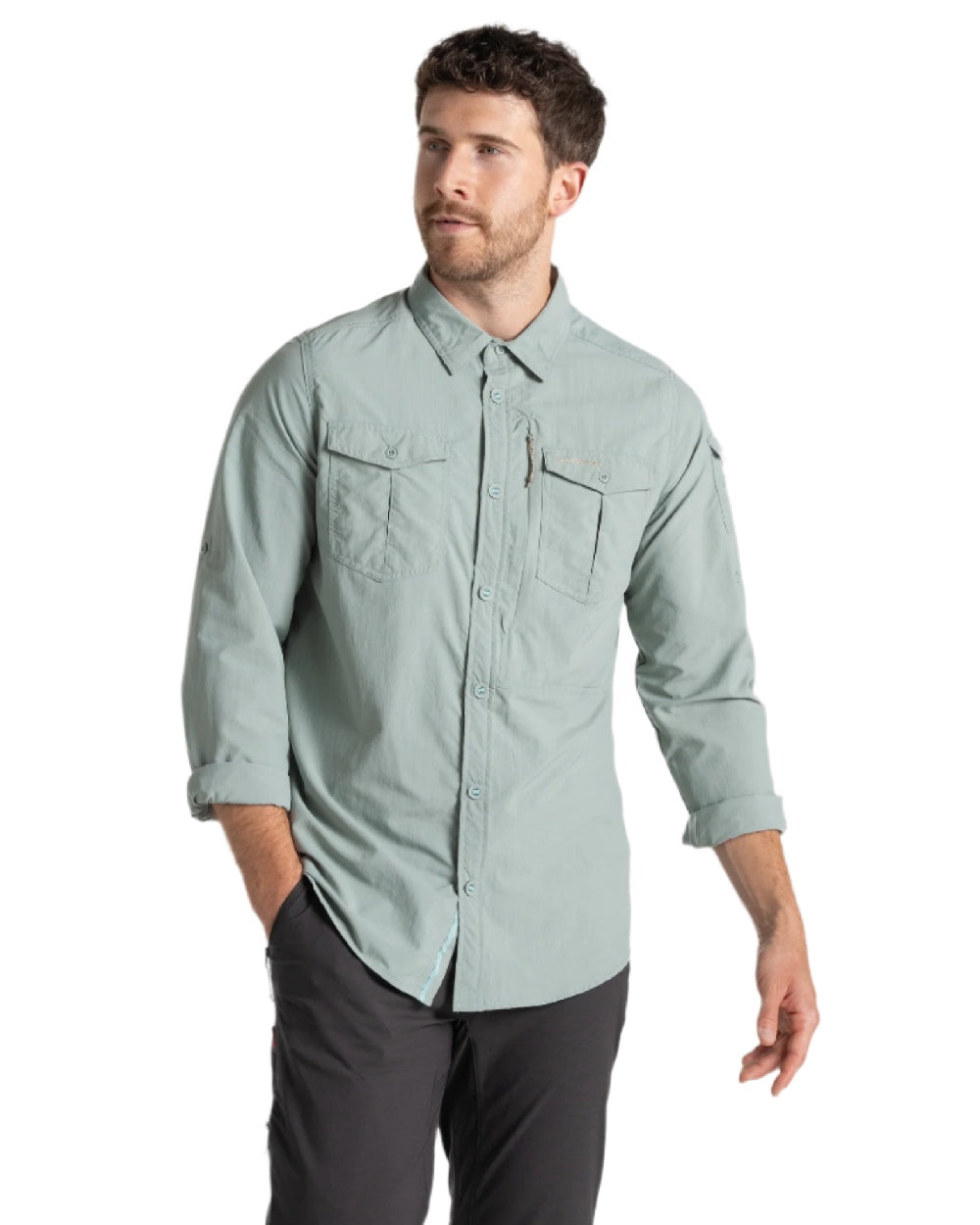 Lichen Green Craghoppers Mens NosiLife Adventure Long Sleeved Shirt III on white background