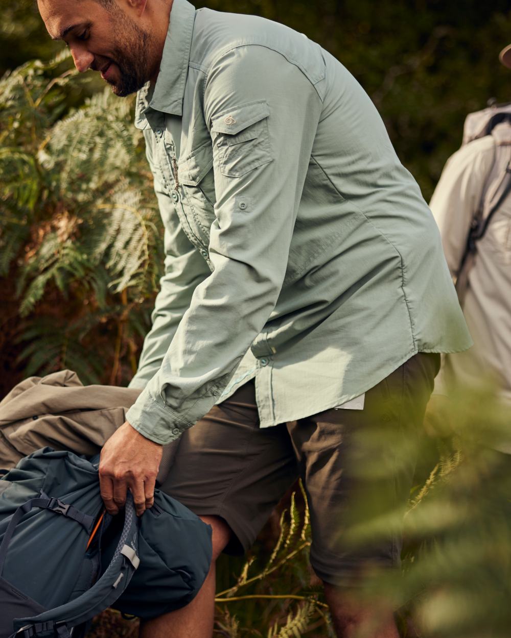 Lichen Green Craghoppers Mens NosiLife Adventure Long Sleeved Shirt III on forest background