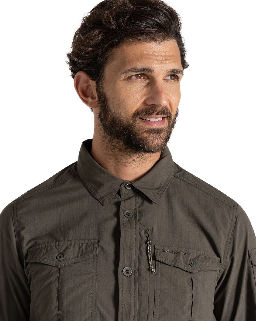 Woodland Green Craghoppers Mens NosiLife Adventure Long Sleeved Shirt III on white background