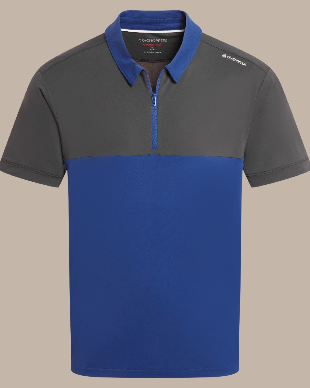 Dark Iron Deep Marina Coloured Craghoppers Mens Nosilife Avro Polo Top on Beige Background