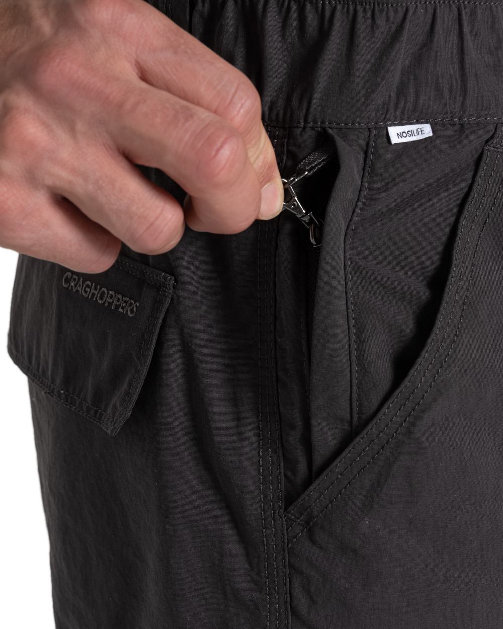 Black Pepper coloured Craghoppers Mens NosiLife Cargo Short III on white background