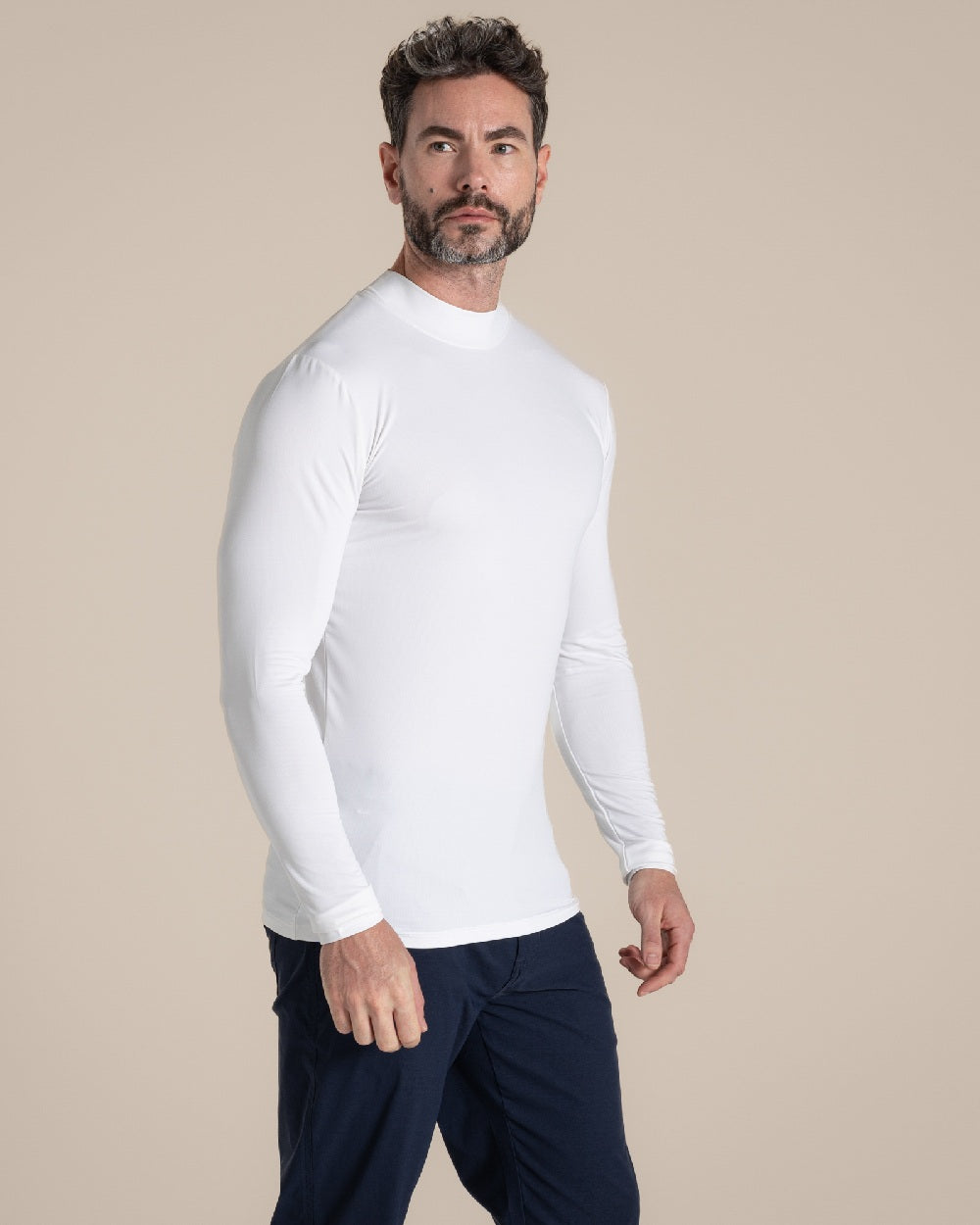 White Coloured Craghoppers Mens Nosilife Long Sleeved Neck Top on Beige Background