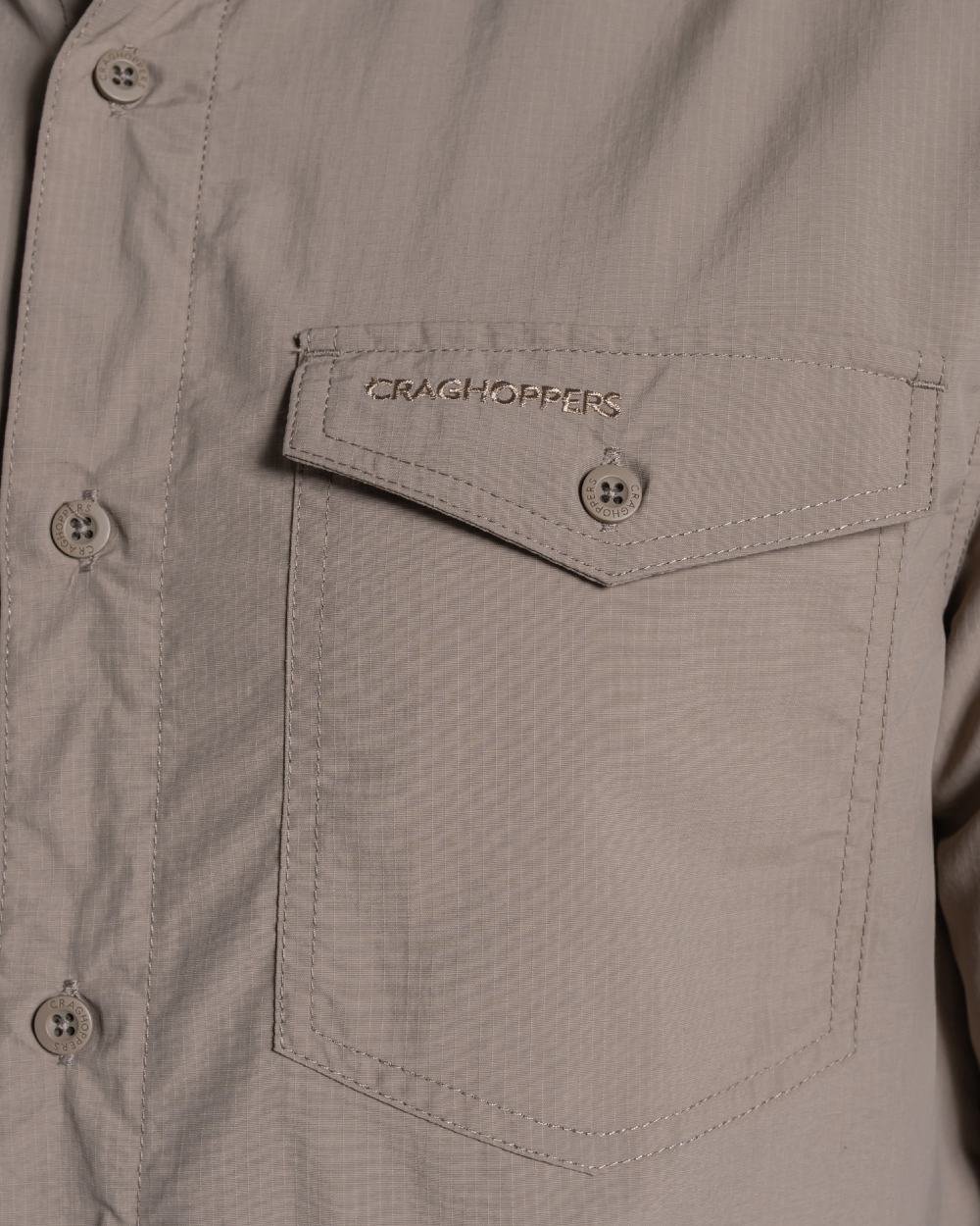 Pebble coloured Craghoppers Mens NosiLife Loukkos Long Sleeved Shirt on white background