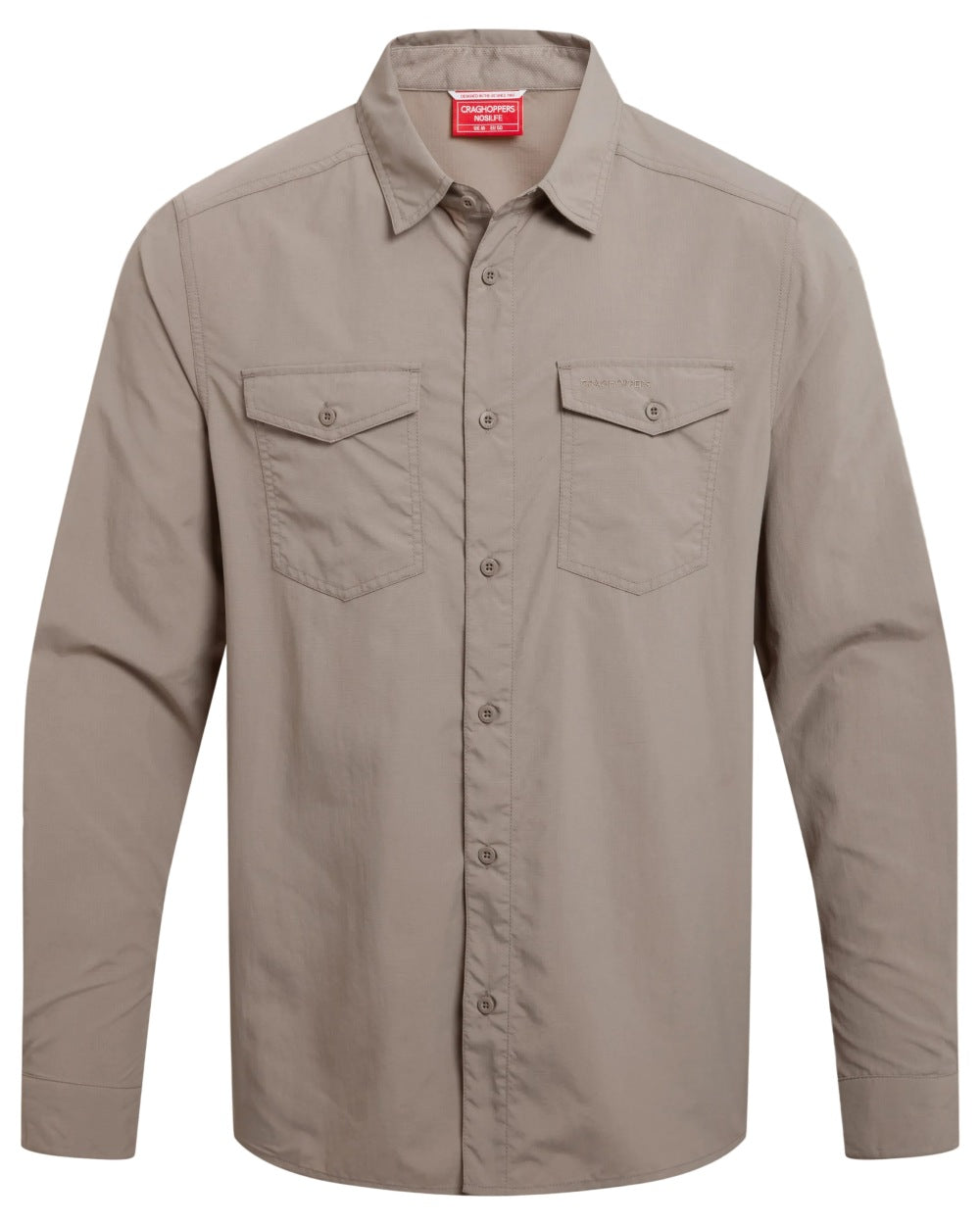 Pebble coloured Craghoppers Mens NosiLife Loukkos Long Sleeved Shirt on white background