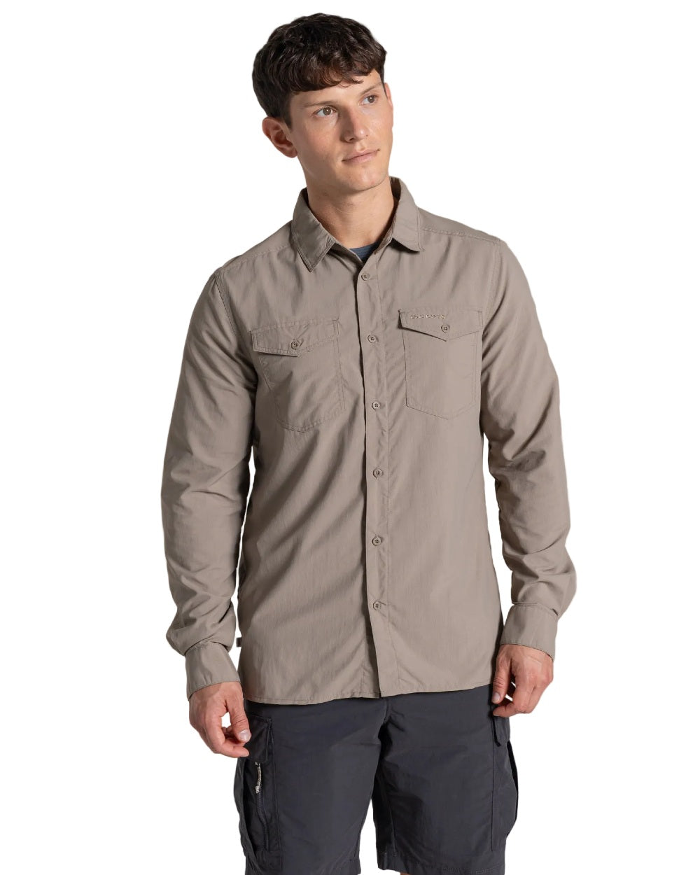 Pebble coloured Craghoppers Mens NosiLife Loukkos Long Sleeved Shirt on white background