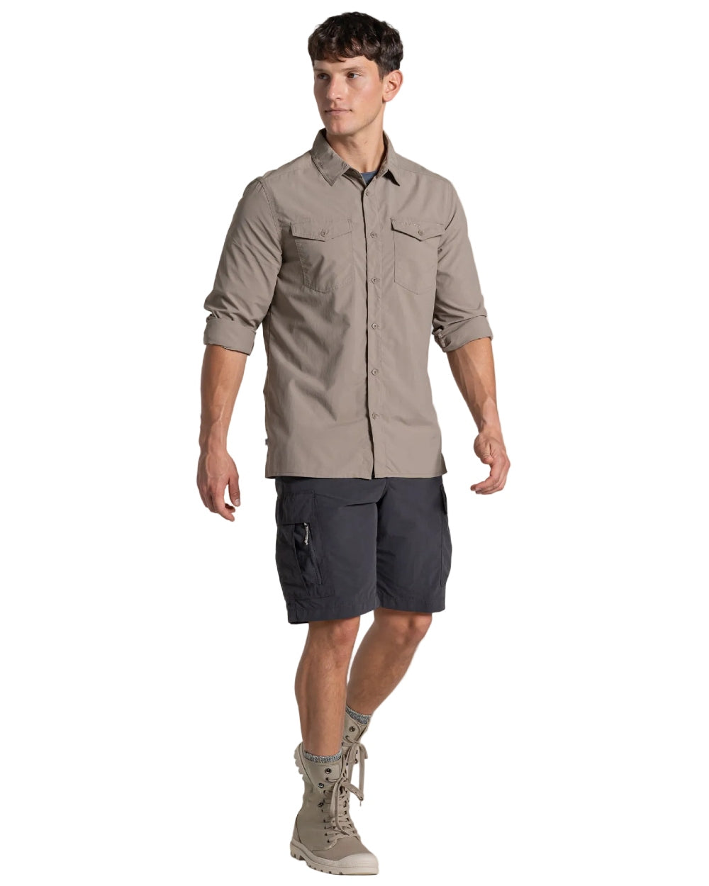 Pebble coloured Craghoppers Mens NosiLife Loukkos Long Sleeved Shirt on white background