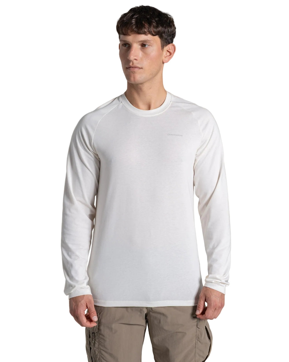 Sail White coloured Craghoppers Mens NosiLife Nour Long Sleeved T-Shirt on white background
