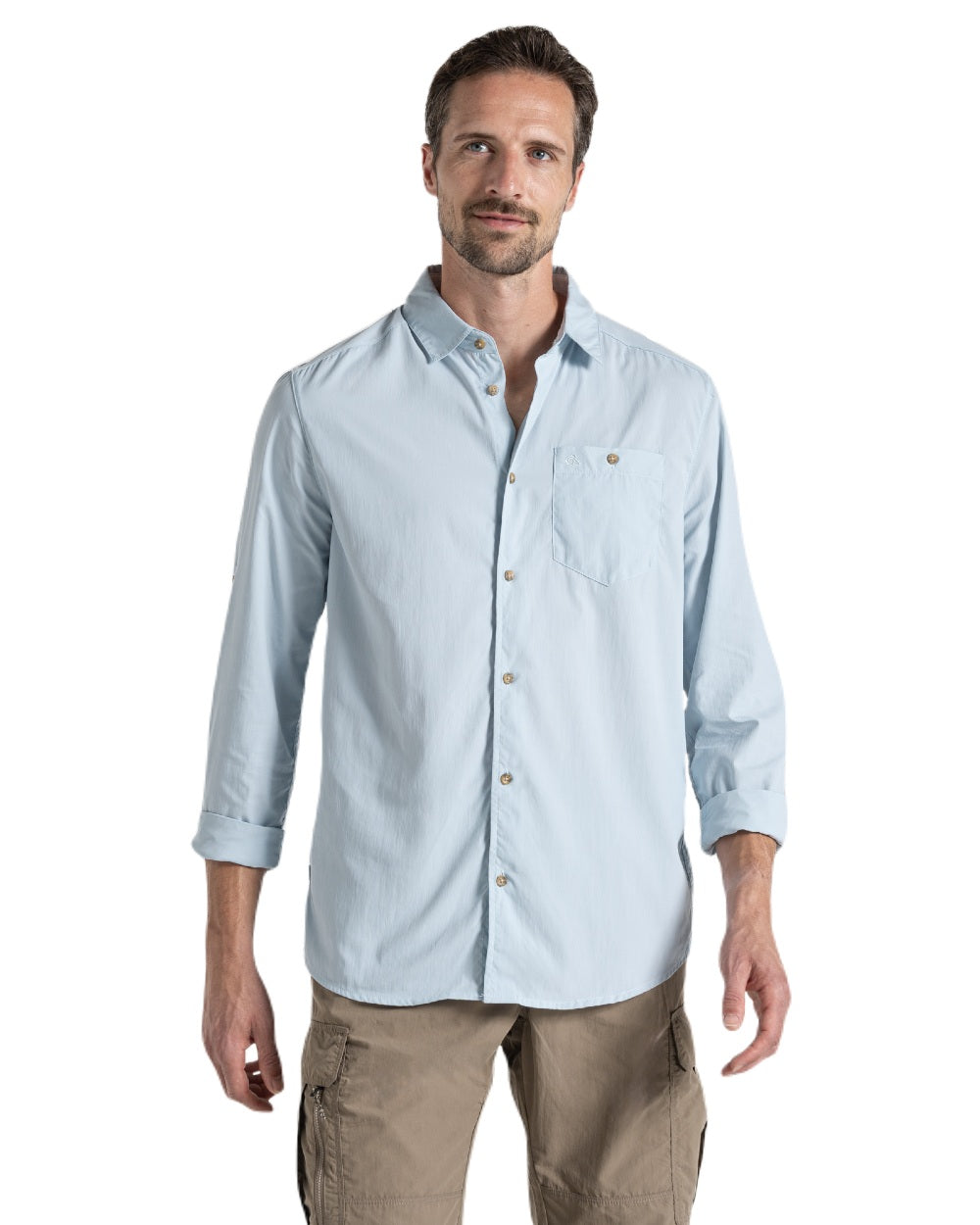Niagara Blue coloured Craghoppers Mens NosiLife Nuoro Long Sleeved Shirt II on white background