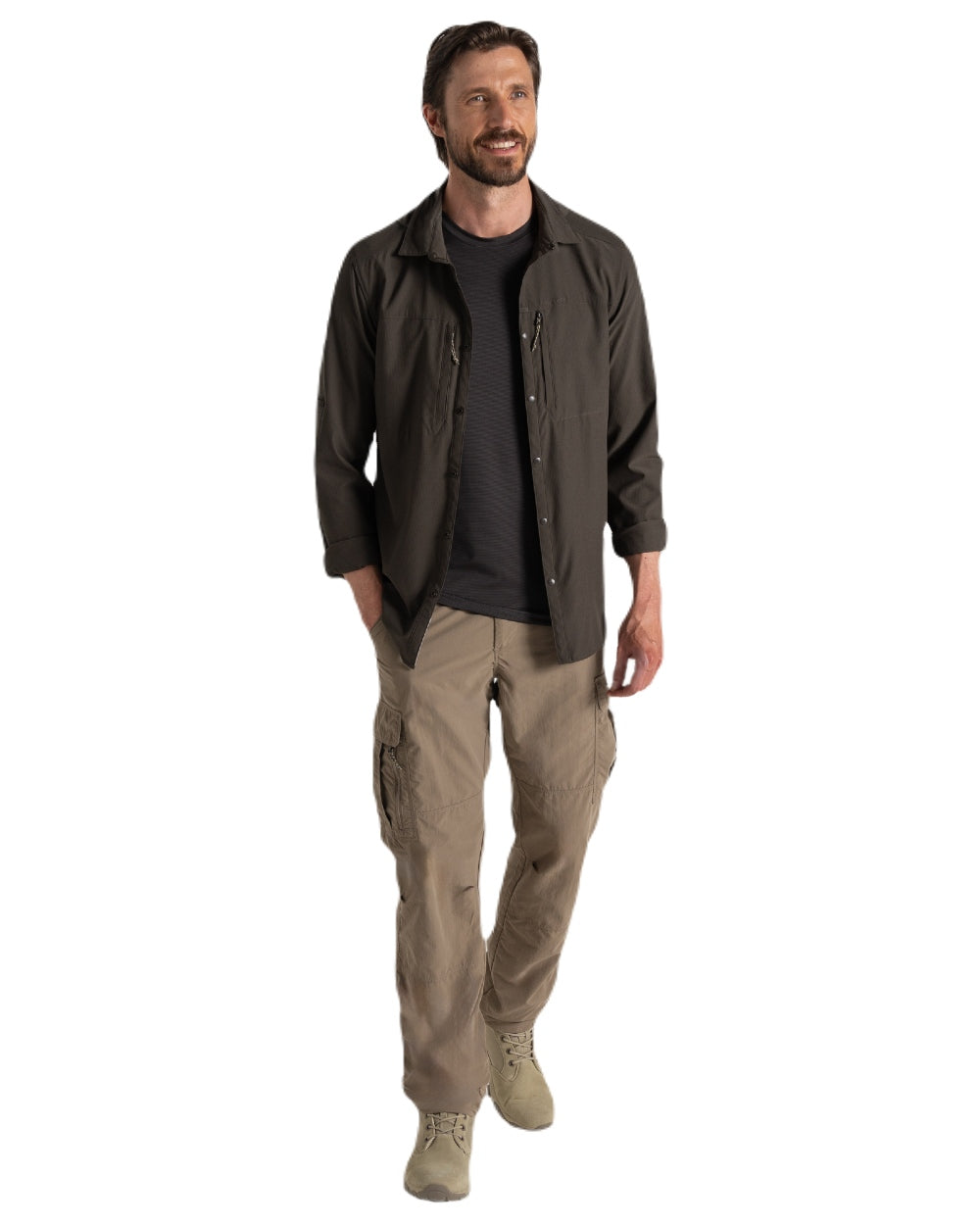 Woodland Green coloured Craghoppers Mens NosiLife Pro Long Sleeved Shirt V on white background