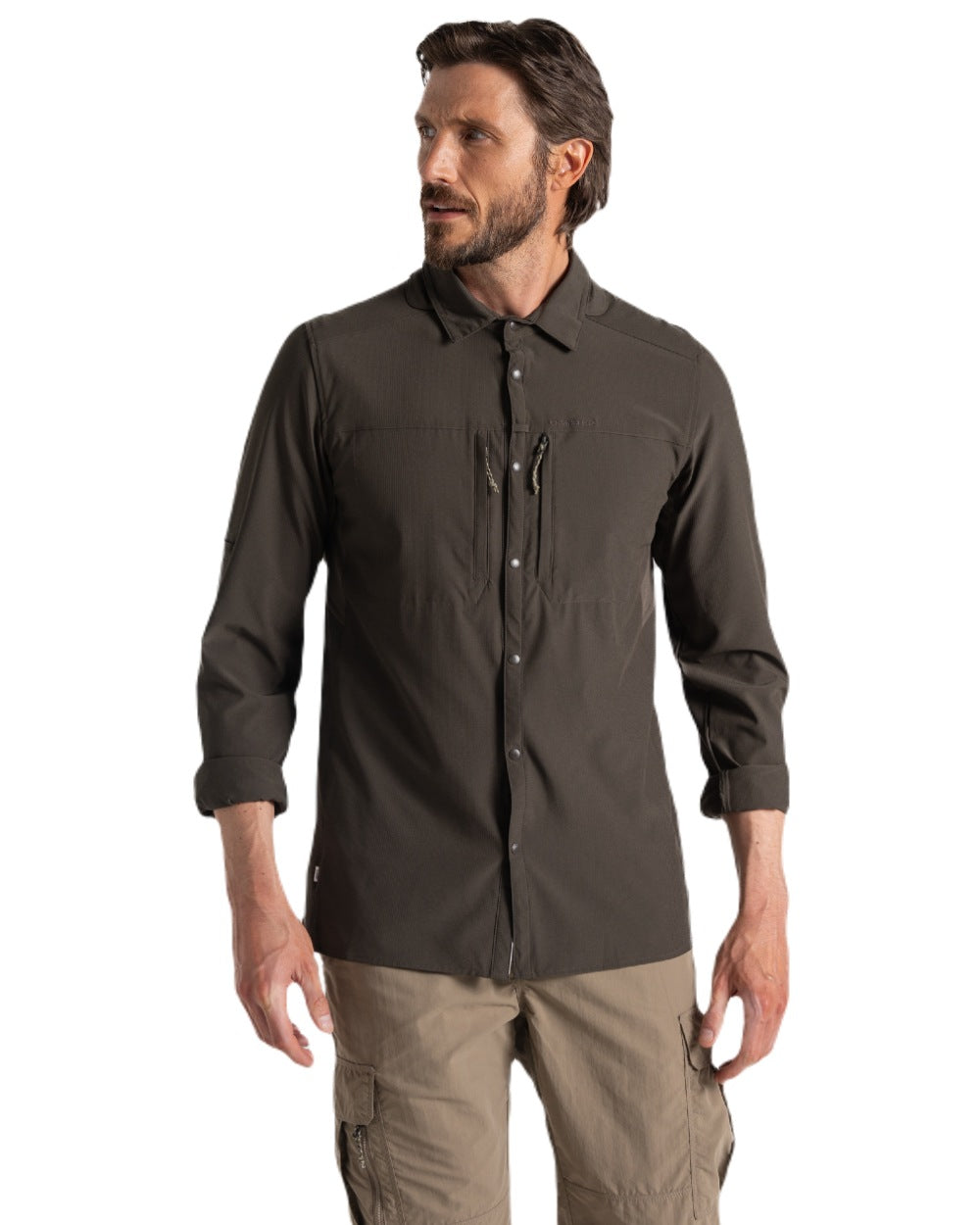 Woodland Green coloured Craghoppers Mens NosiLife Pro Long Sleeved Shirt V on white background