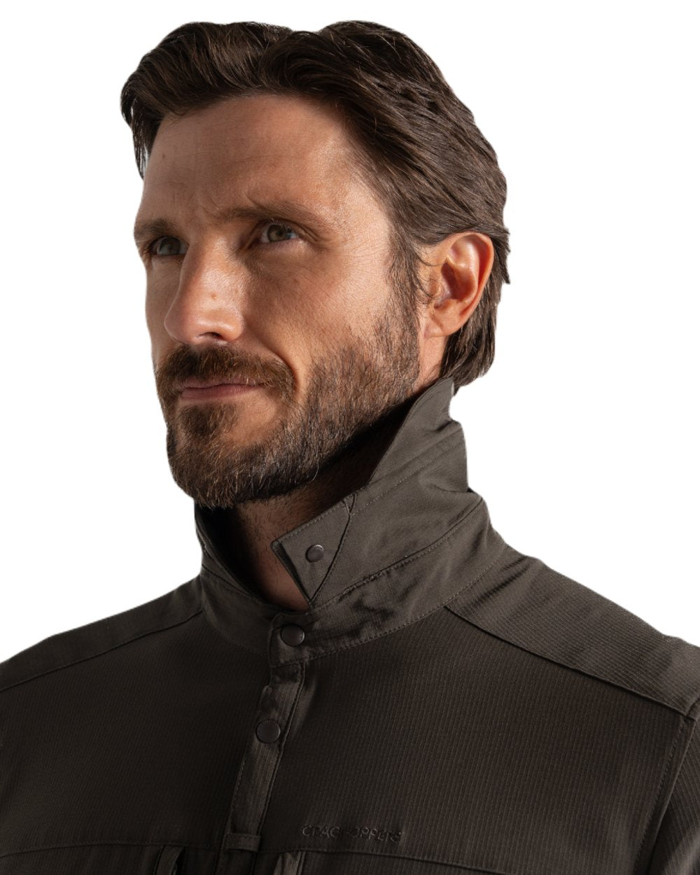 Woodland Green coloured Craghoppers Mens NosiLife Pro Long Sleeved Shirt V on white background