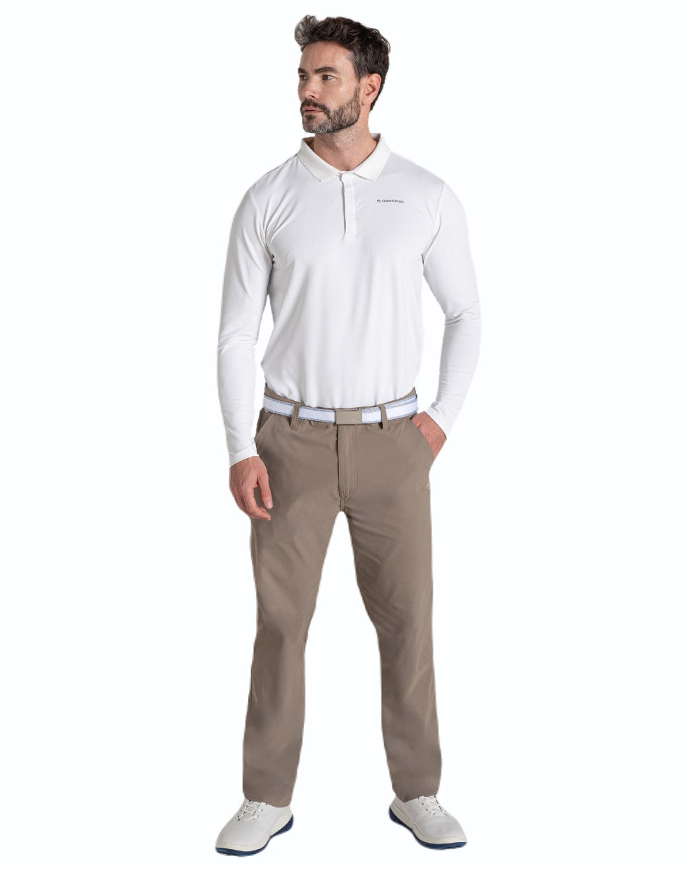 Pebble coloured Craghoppers Mens NosiLife Santos Golf Trousers II on white background