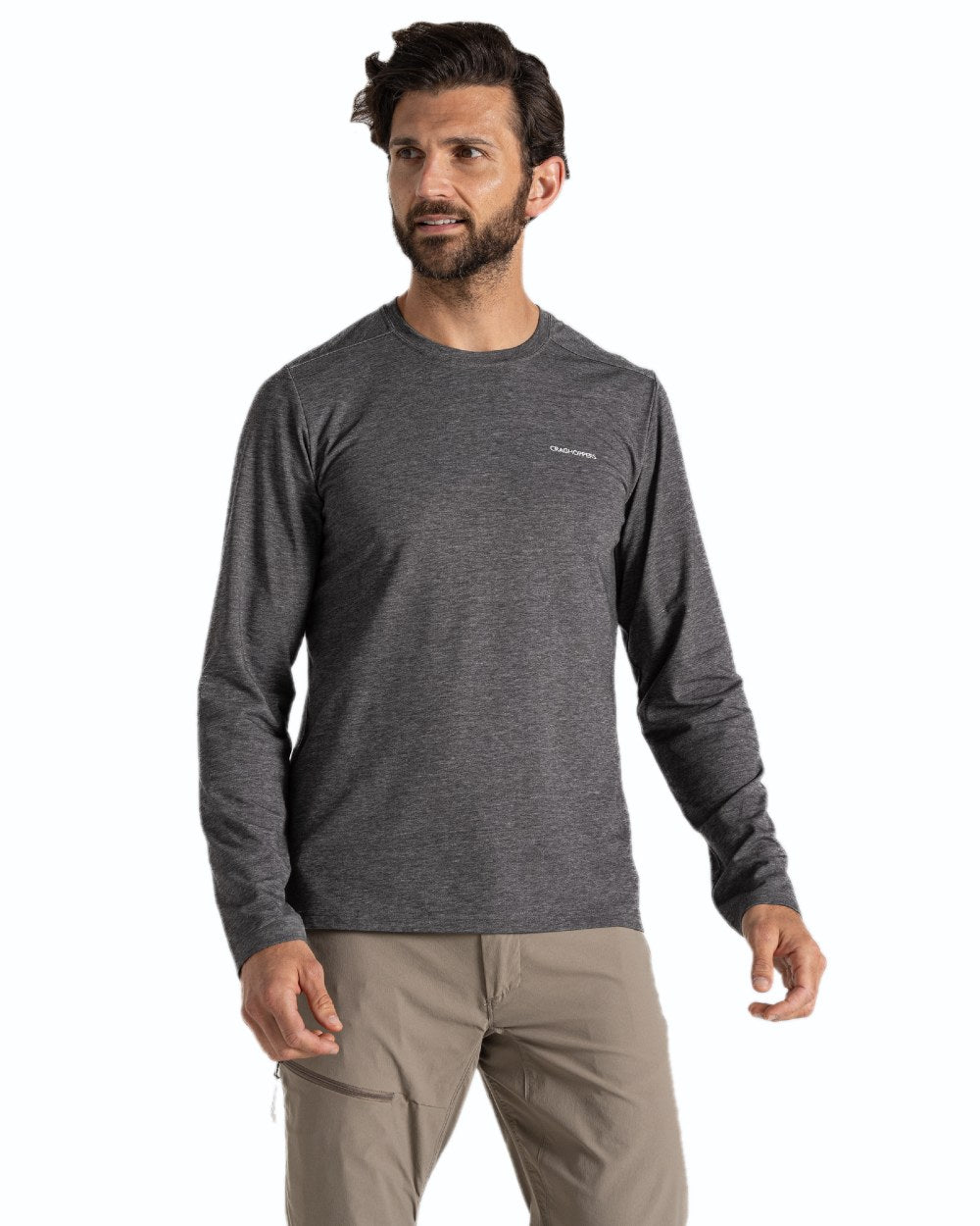Black Pepper Marl coloured Craghoppers Mens Nosilife Abel Long Sleeved T-Shirt on white background