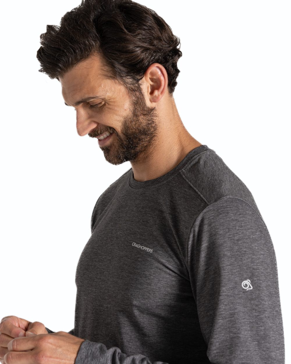 Black Pepper Marl coloured Craghoppers Mens Nosilife Abel Long Sleeved T-Shirt on white background