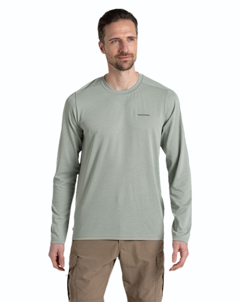 Lichen Green coloured Craghoppers Mens Nosilife Abel Long Sleeved T-Shirt on white background