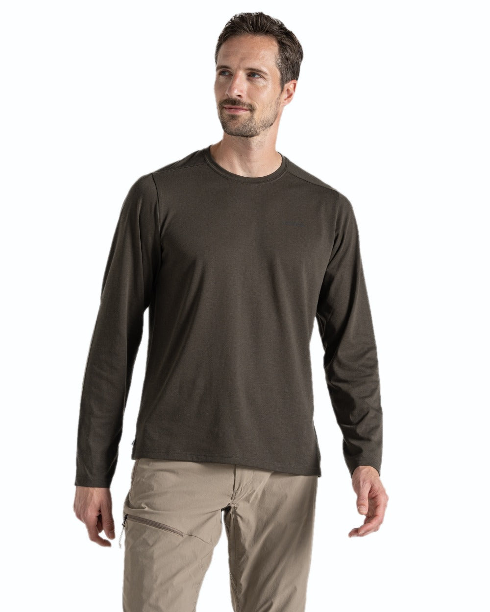Woodland Green coloured Craghoppers Mens Nosilife Abel Long Sleeved T-Shirt on white background