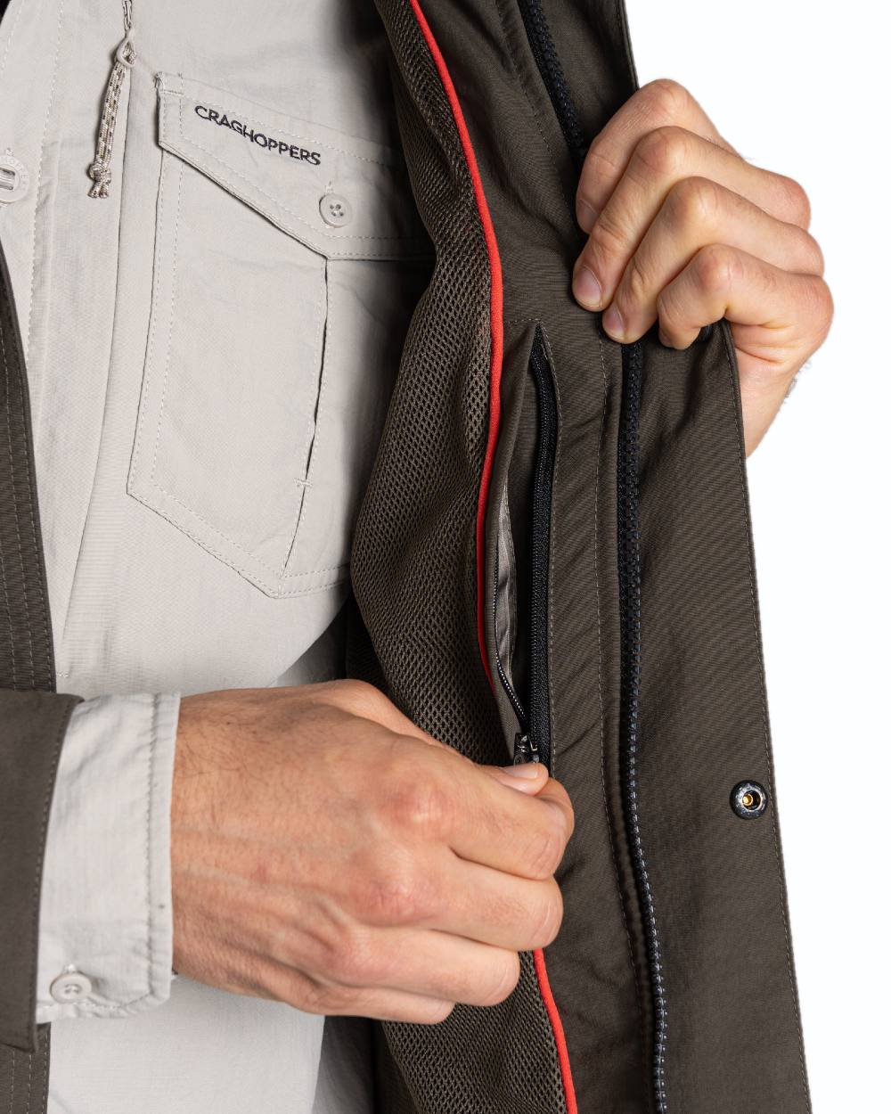 Woodland Green coloured Craghoppers Mens NosiLife Adventure Jacket IV on white background