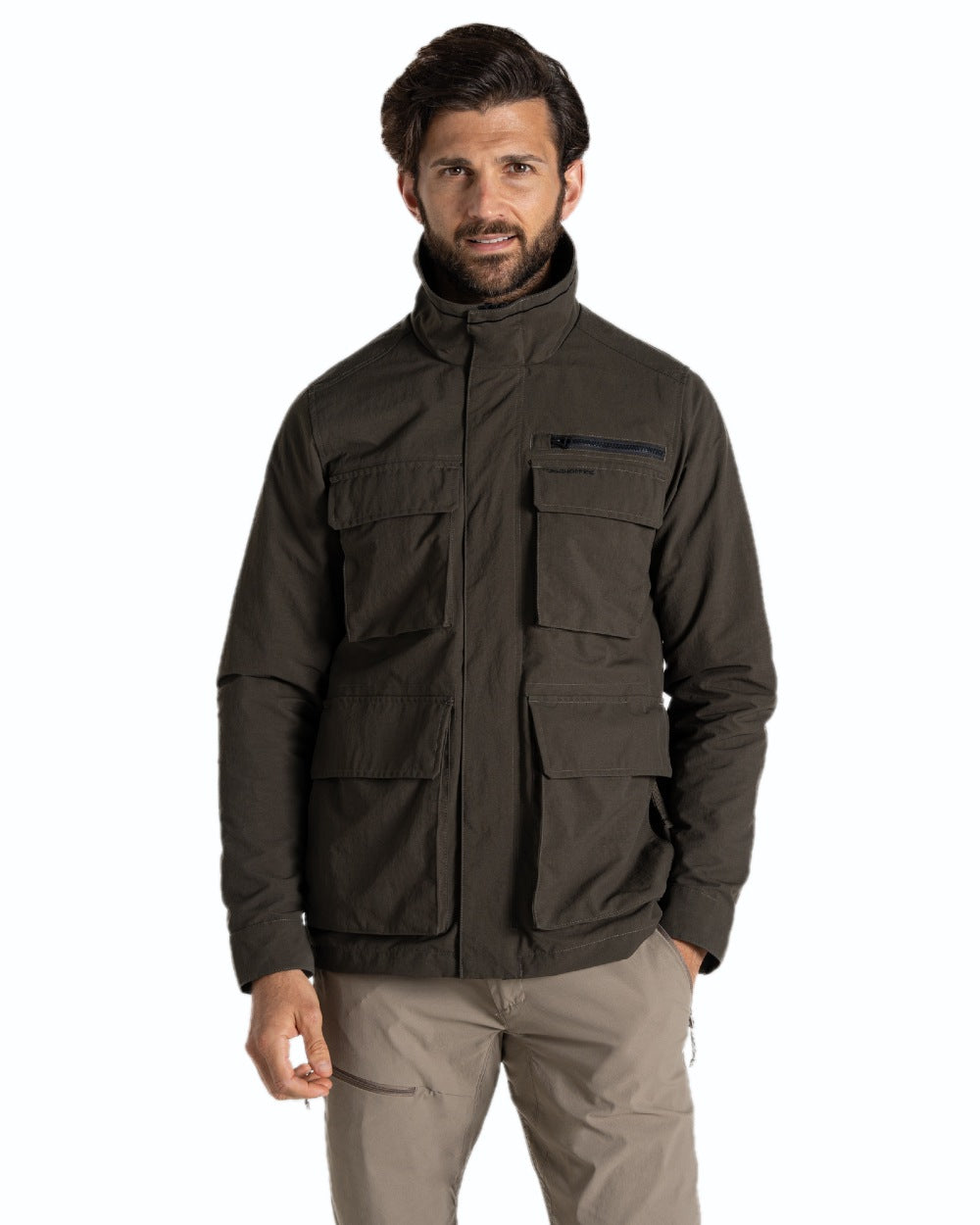 Woodland Green coloured Craghoppers Mens NosiLife Adventure Jacket IV on white background