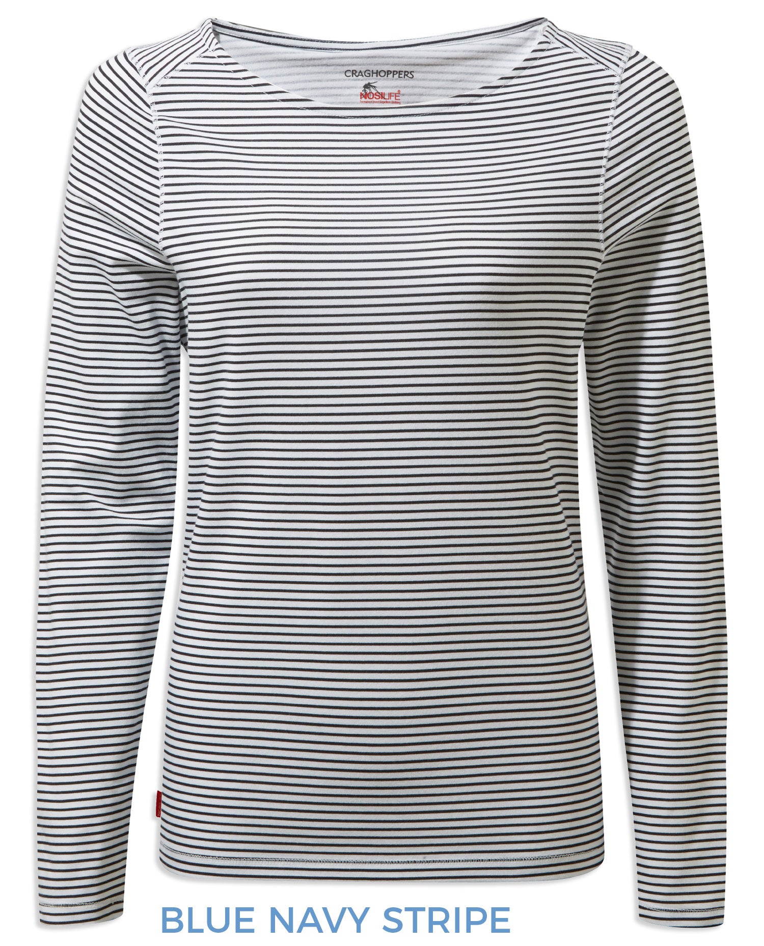 Blue Navy Stripe coloured Craghoppers NosiLife Erin Ladies L/S Top on white background