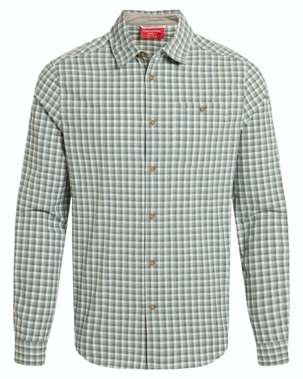 Lichen Green Ecru Check coloured Craghoppers NosiLife Nuoro Check Long Sleeved Shirt on white background