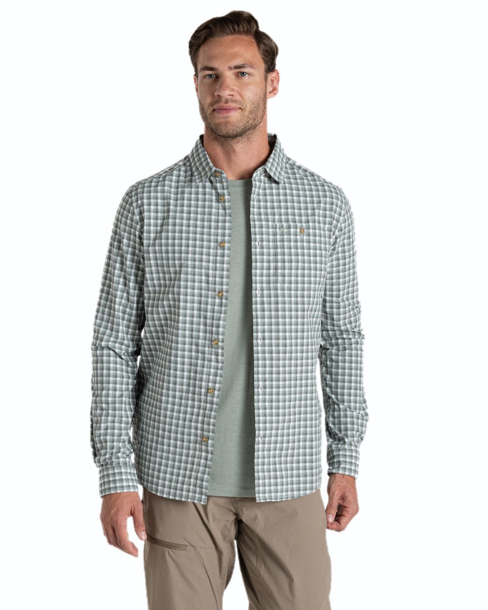 Lichen Green Ecru Check coloured Craghoppers NosiLife Nuoro Check Long Sleeved Shirt on white background