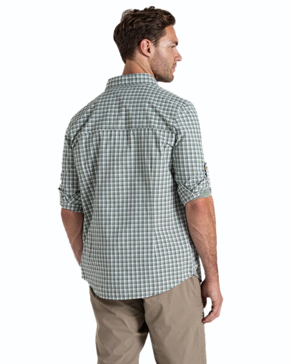 Lichen Green Ecru Check coloured Craghoppers NosiLife Nuoro Check Long Sleeved Shirt on white background
