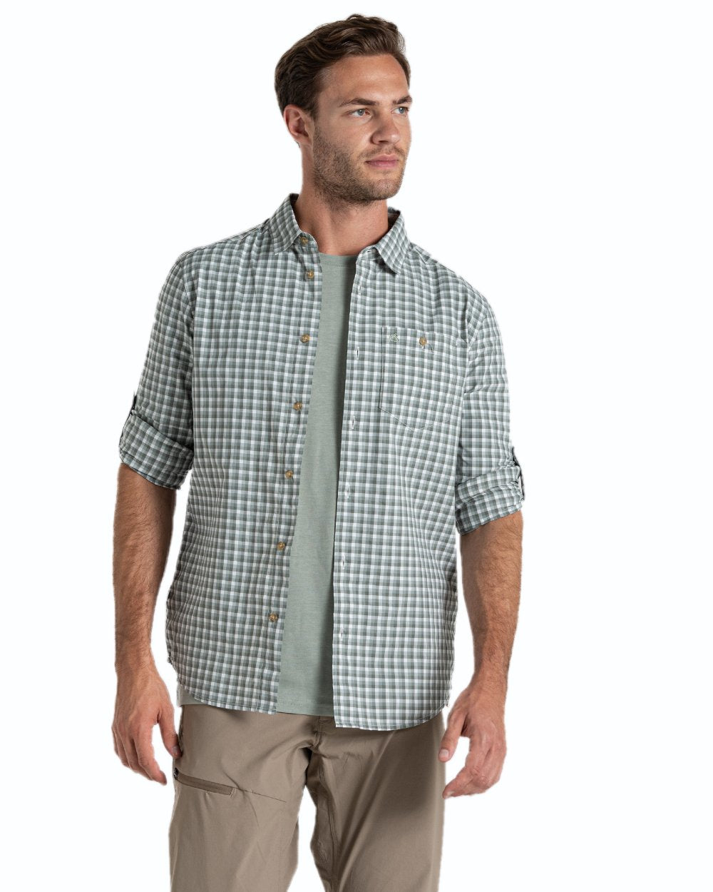 Lichen Green Ecru Check coloured Craghoppers NosiLife Nuoro Check Long Sleeved Shirt on white background