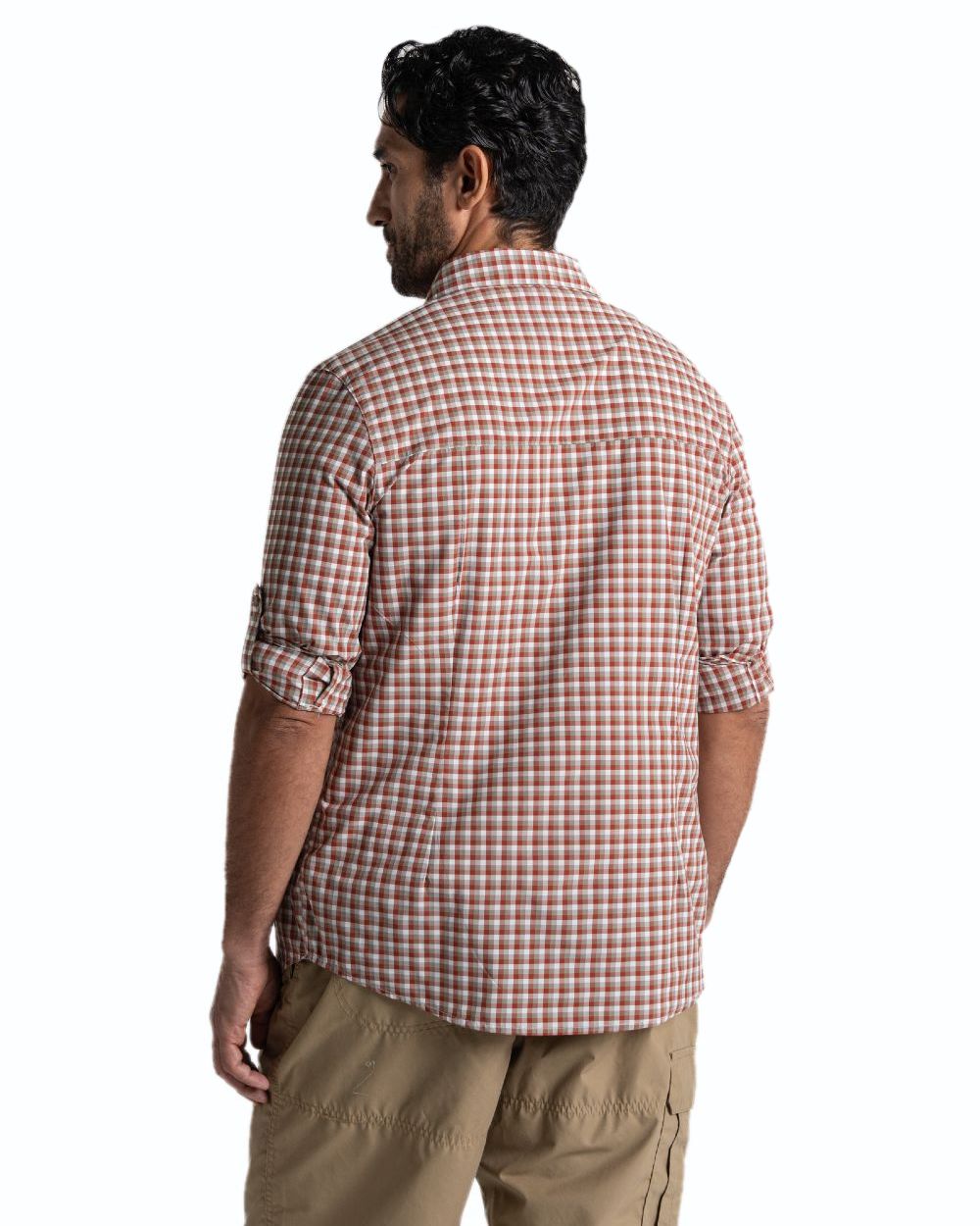 Red Beach Check coloured Craghoppers NosiLife Nuoro Check Long Sleeved Shirt on white background