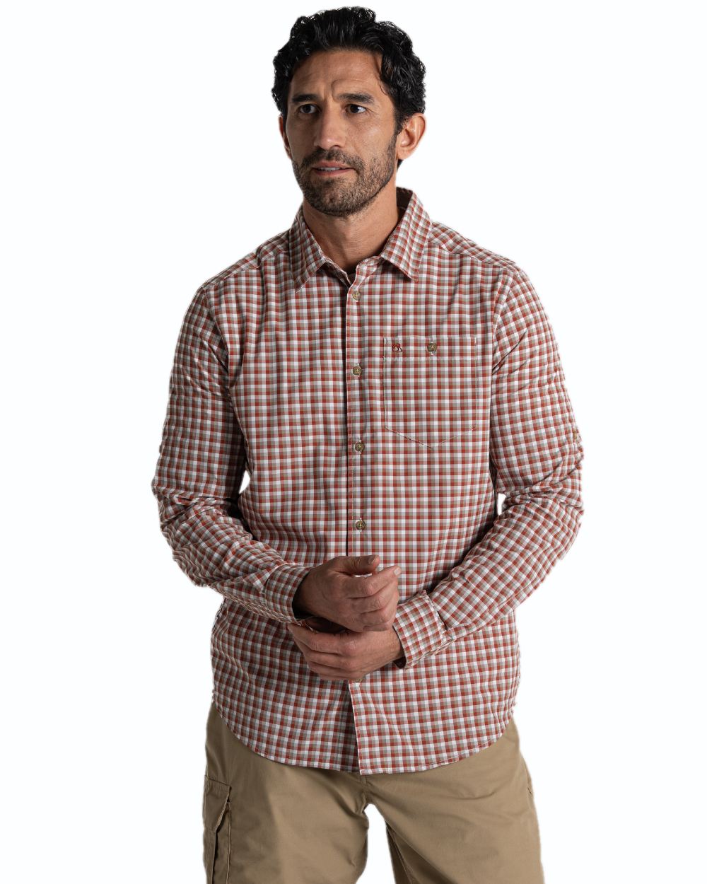 Red Beach Check coloured Craghoppers NosiLife Nuoro Check Long Sleeved Shirt on white background