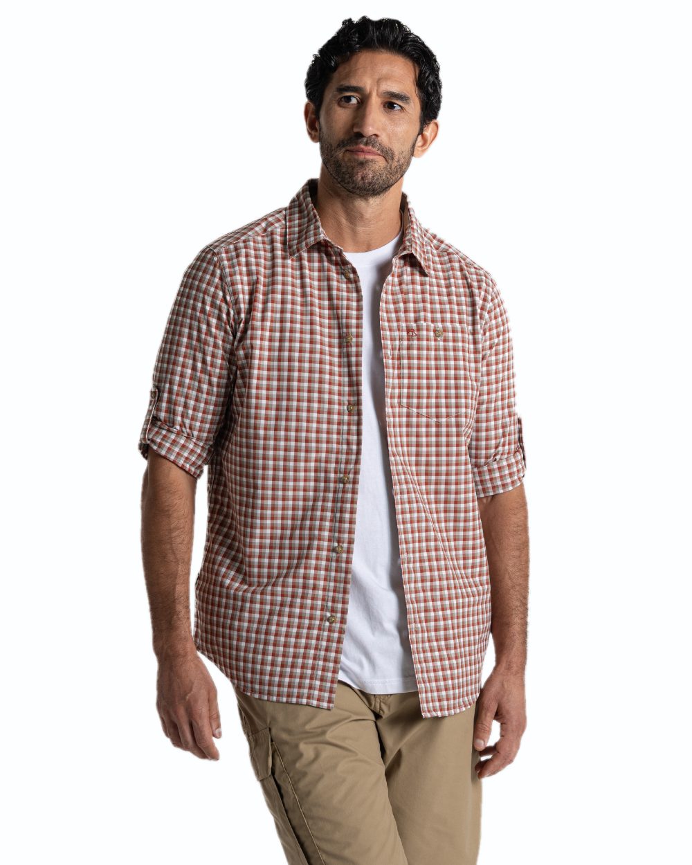 Red Beach Check coloured Craghoppers NosiLife Nuoro Check Long Sleeved Shirt on white background