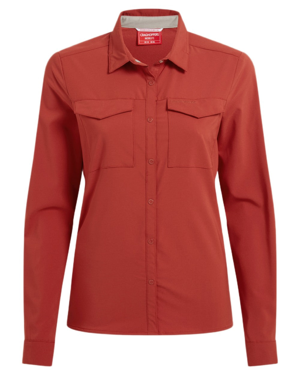 Cinnabar coloured Craghoppers NosiLife Pro Ladies Long Sleeve Shirt on white background