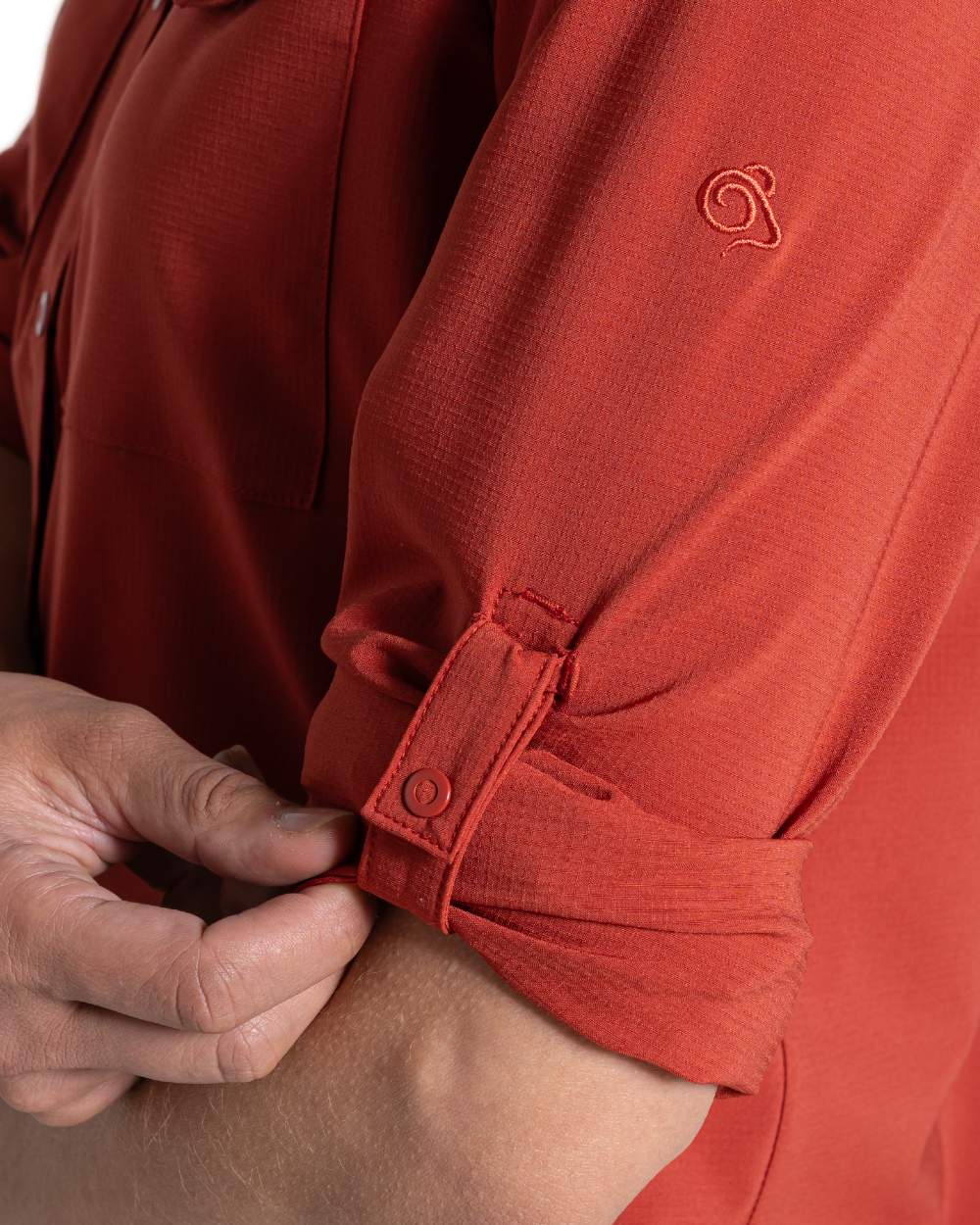 Cinnabar coloured Craghoppers NosiLife Pro Ladies Long Sleeve Shirt on white background