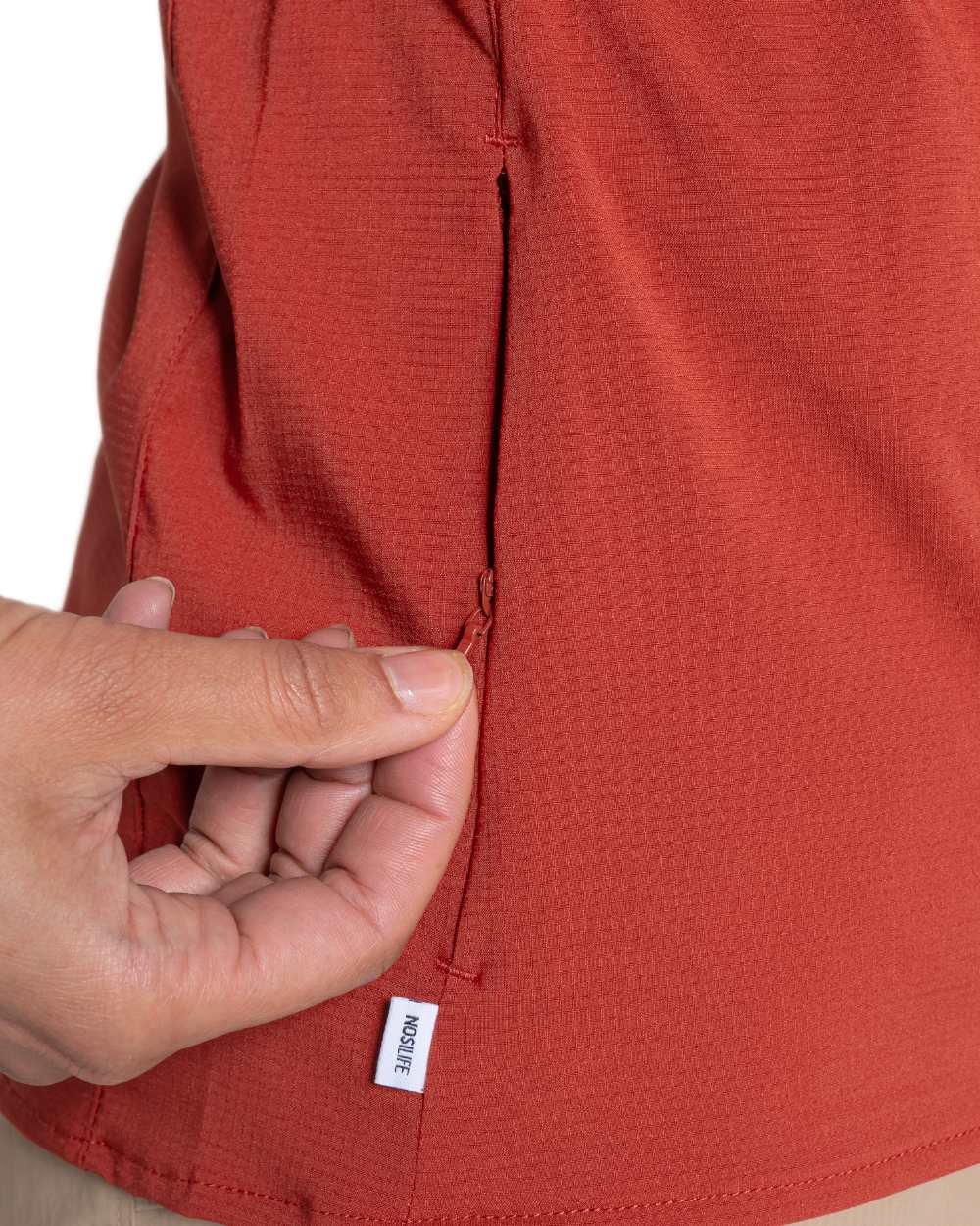 Cinnabar coloured Craghoppers NosiLife Pro Ladies Long Sleeve Shirt on white background