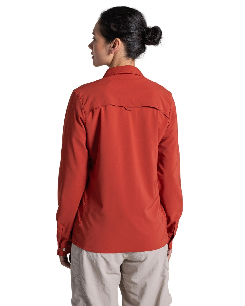 Cinnabar coloured Craghoppers NosiLife Pro Ladies Long Sleeve Shirt on white background