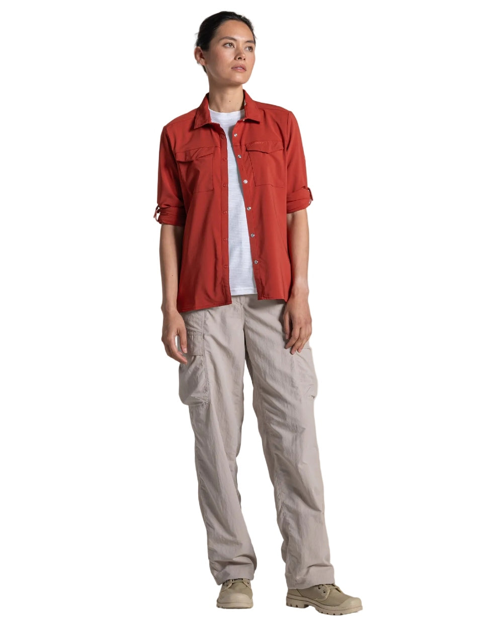 Cinnabar coloured Craghoppers NosiLife Pro Ladies Long Sleeve Shirt on white background
