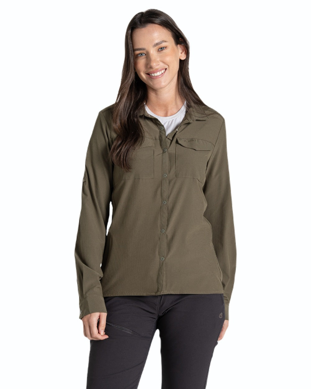 Wild Olive coloured Craghoppers NosiLife Pro Ladies Long Sleeve Shirt on white background