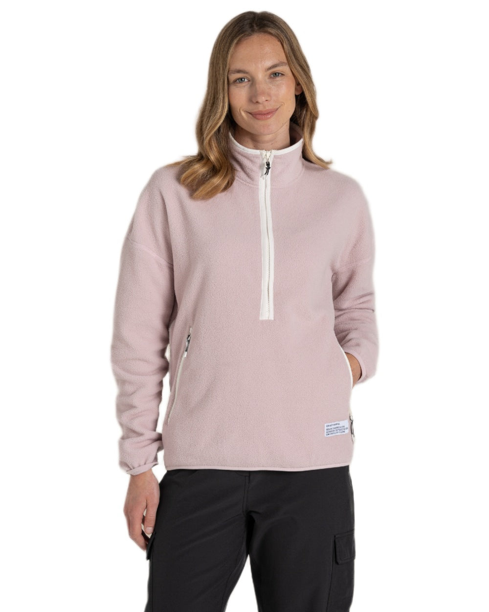 Dusky Carnation coloured Craghoppers Womens CO2 Renu Half Zip Fleece Sweater on white background