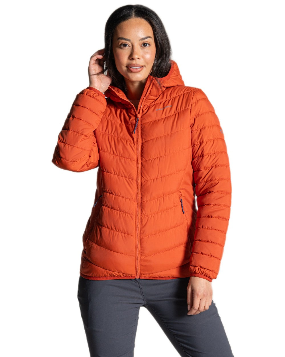 Carnelian Orange Coloured Craghoppers Womens Compresslite IX Hooded Insulating Jacket on white background