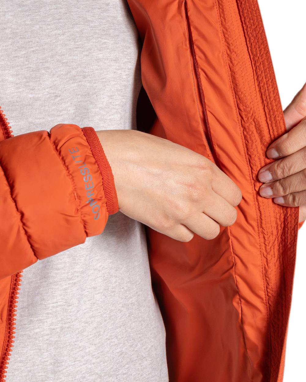 Carnelian Orange Coloured Craghoppers Womens Compresslite IX Hooded Insulating Jacket on white background